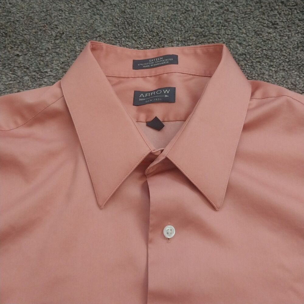 Arrow Sateen Wrinkle Free Dress Shirt 16 34/35 XL Peach Salmon Long Sleeve Mens